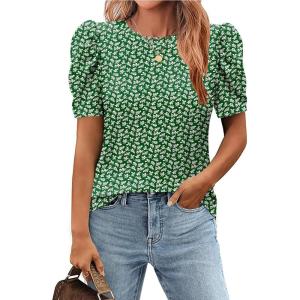 imageZeagoo Blouse for Women Dressy Casual Puff Short Sleeve Boho Tops Fashion Floral Crew Neck Tunic Shirts Summer ClothesZw568