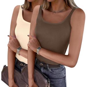 imageZeagoo Womens Ribbed Tank Tops Square Neck Summer Tops Slim Fitted Spaghetti Strap Camisole Basic Sleeveless Layering ShirtsZbeigeBrown Grey