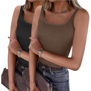 imageZeagoo Womens Ribbed Tank Tops Square Neck Summer Tops Slim Fitted Spaghetti Strap Camisole Basic Sleeveless Layering ShirtsZblackBrown Grey