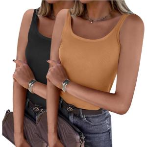 imageZeagoo Womens Ribbed Tank Tops Square Neck Summer Tops Slim Fitted Spaghetti Strap Camisole Basic Sleeveless Layering ShirtsZblackLight Brown
