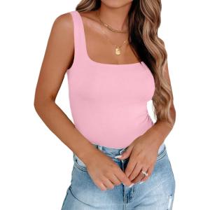 imageZeagoo Womens Square Neck Double Lined Tank Tops Cute Summer Tops Seamless Slim Fit Basic Sleeveless ShirtsPink