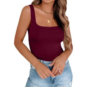 imageZeagoo Womens Square Neck Double Lined Tank Tops Cute Summer Tops Seamless Slim Fit Basic Sleeveless ShirtsWine Red