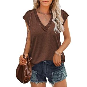 imageZeagoo Womens Summer Casual V Neck Cap Sleeve Tank Tops Guipure Lace Shirt BlouseBrown