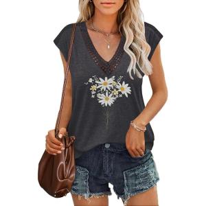 imageZeagoo Womens Summer Casual V Neck Cap Sleeve Tank Tops Guipure Lace Shirt BlousePat5