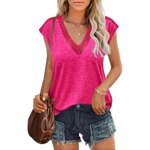 imageZeagoo Womens Summer Casual V Neck Cap Sleeve Tank Tops Guipure Lace Shirt BlouseRose Red