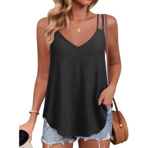 imageZeagoo Flowy Tank Tops for Women Spaghetti Strap Eyelet Embroidery Loose Fit V Neck Sleeveless Casual Summer Tank TopsBlack