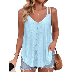 imageZeagoo Flowy Tank Tops for Women Spaghetti Strap Eyelet Embroidery Loose Fit V Neck Sleeveless Casual Summer Tank TopsBlue