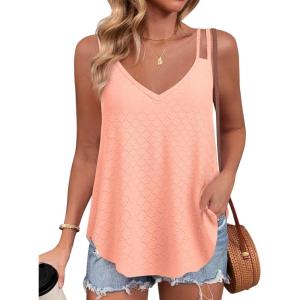 imageZeagoo Flowy Tank Tops for Women Spaghetti Strap Eyelet Embroidery Loose Fit V Neck Sleeveless Casual Summer Tank TopsCoral