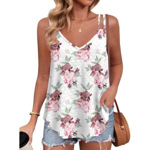 imageZeagoo Flowy Tank Tops for Women Spaghetti Strap Eyelet Embroidery Loose Fit V Neck Sleeveless Casual Summer Tank TopsFloral White
