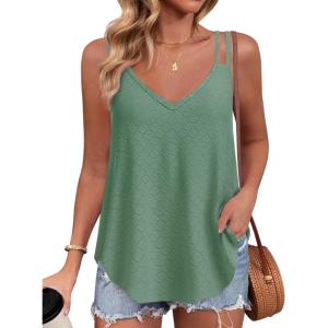 imageZeagoo Flowy Tank Tops for Women Spaghetti Strap Eyelet Embroidery Loose Fit V Neck Sleeveless Casual Summer Tank TopsGreen