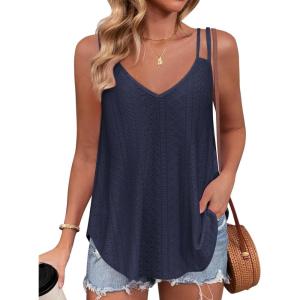 imageZeagoo Flowy Tank Tops for Women Spaghetti Strap Eyelet Embroidery Loose Fit V Neck Sleeveless Casual Summer Tank TopsNavy Blue