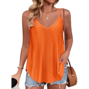 imageZeagoo Flowy Tank Tops for Women Spaghetti Strap Eyelet Embroidery Loose Fit V Neck Sleeveless Casual Summer Tank TopsOrange