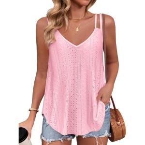 imageZeagoo Flowy Tank Tops for Women Spaghetti Strap Eyelet Embroidery Loose Fit V Neck Sleeveless Casual Summer Tank TopsPink
