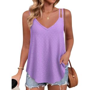 imageZeagoo Flowy Tank Tops for Women Spaghetti Strap Eyelet Embroidery Loose Fit V Neck Sleeveless Casual Summer Tank TopsPurple