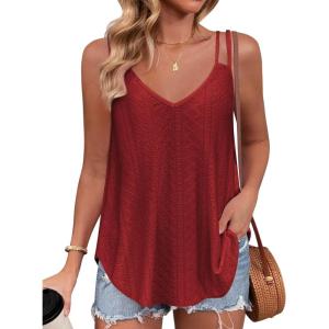 imageZeagoo Flowy Tank Tops for Women Spaghetti Strap Eyelet Embroidery Loose Fit V Neck Sleeveless Casual Summer Tank TopsRed