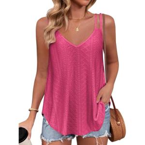 imageZeagoo Flowy Tank Tops for Women Spaghetti Strap Eyelet Embroidery Loose Fit V Neck Sleeveless Casual Summer Tank TopsRose Red