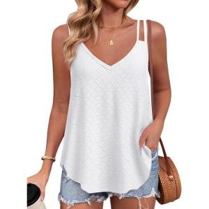 imageZeagoo Flowy Tank Tops for Women Spaghetti Strap Eyelet Embroidery Loose Fit V Neck Sleeveless Casual Summer Tank TopsWhite
