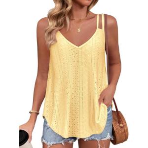imageZeagoo Flowy Tank Tops for Women Spaghetti Strap Eyelet Embroidery Loose Fit V Neck Sleeveless Casual Summer Tank TopsYellow