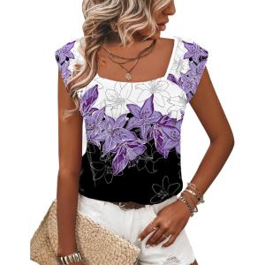 imageZeagoo Women Summer Tops Cute Square Neck Tank Tops Loose Dressy Casual Shirts Cap Sleeve Tunic TopsFlower Purple