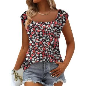imageZeagoo Women Summer Tops Cute Square Neck Tank Tops Loose Dressy Casual Shirts Cap Sleeve Tunic TopsFlower Red