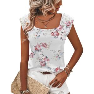 imageZeagoo Women Summer Tops Cute Square Neck Tank Tops Loose Dressy Casual Shirts Cap Sleeve Tunic TopsFlower White