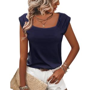 imageZeagoo Women Summer Tops Cute Square Neck Tank Tops Loose Dressy Casual Shirts Cap Sleeve Tunic TopsNavy Blue