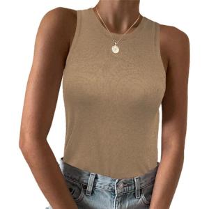 imageZeagoo Womens Tank Top Racerback Crowl Neck Casual Basic Ribbed Knit Fitted Sleeveless Shirts SXXLPure Khaki