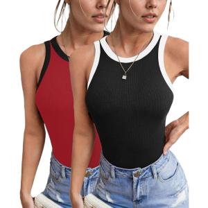 imageZeagoo Womens Tank Top Racerback Crowl Neck Casual Basic Ribbed Knit Fitted Sleeveless Shirts SXXLRedwhite Black