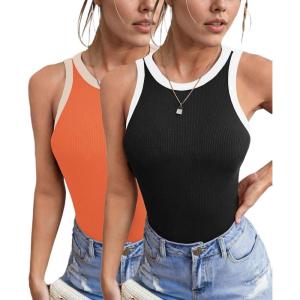 imageZeagoo Womens Tank Top Racerback Crowl Neck Casual Basic Ribbed Knit Fitted Sleeveless Shirts SXXLWhite Blackorange