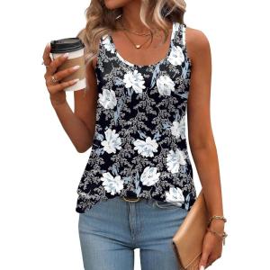 imageZeagoo Womens Tank Tops Flowy Loose Fit Scoop Neck Casual Summer Tops Curvy HemBlack White Floral