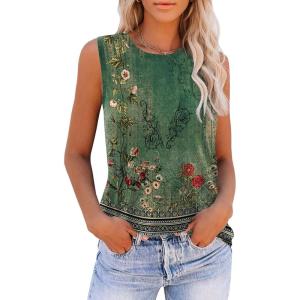 imageZeagoo Womens 2025 Tank Tops 2 Pack Casual Crewneck Sleeveless T Shirts Loose Fit Summer Tunic Blouse1 Green Flower