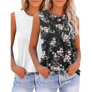 imageZeagoo Womens 2025 Tank Tops 2 Pack Casual Crewneck Sleeveless T Shirts Loose Fit Summer Tunic Blouse2 Packblack Flower and White