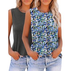 imageZeagoo Womens 2025 Tank Tops 2 Pack Casual Crewneck Sleeveless T Shirts Loose Fit Summer Tunic Blouse2 Packblue Floral and Dark Grey