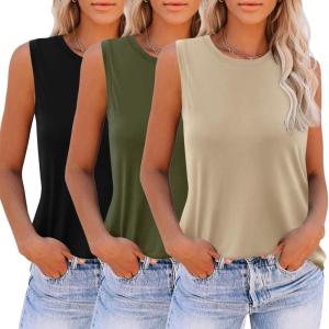 imageZeagoo Womens 2025 Tank Tops 2 Pack Casual Crewneck Sleeveless T Shirts Loose Fit Summer Tunic Blouse3 Packkhaki  Army Green  Black