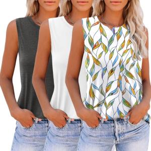 imageZeagoo Womens 2025 Tank Tops 2 Pack Casual Crewneck Sleeveless T Shirts Loose Fit Summer Tunic Blouse3 Packwhite Leaf  White  Dark Grey