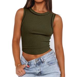 imageZeagoo Womens High Neck Ribbed Tank Tops 2025 Summer Sleeveless Crop Tops Slim Fit Going Out Basic ShirtsArmy Green