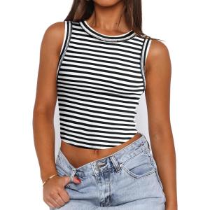 imageZeagoo Womens High Neck Ribbed Tank Tops 2025 Summer Sleeveless Crop Tops Slim Fit Going Out Basic ShirtsBlack Stripe