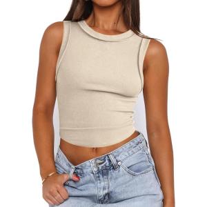 imageZeagoo Womens High Neck Ribbed Tank Tops 2025 Summer Sleeveless Crop Tops Slim Fit Going Out Basic ShirtsKhaki