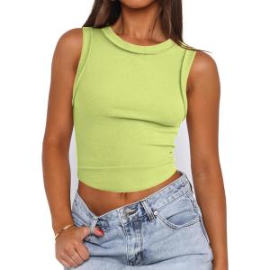 imageZeagoo Womens High Neck Ribbed Tank Tops 2025 Summer Sleeveless Crop Tops Slim Fit Going Out Basic ShirtsNeon Green