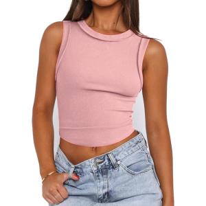 imageZeagoo Womens High Neck Ribbed Tank Tops 2025 Summer Sleeveless Crop Tops Slim Fit Going Out Basic ShirtsPink
