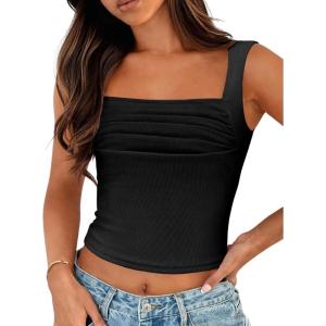 imageZeagoo Womens Sleeveless Crop Tops Pleated Square Neck Ribbed Y2K Tank Top Summer Fitted Going Out TopsBlack