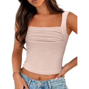 imageZeagoo Womens Sleeveless Crop Tops Pleated Square Neck Ribbed Y2K Tank Top Summer Fitted Going Out TopsChampagne