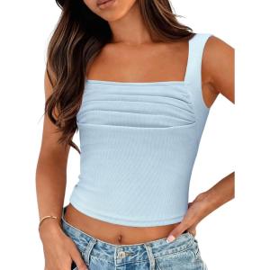 imageZeagoo Womens Sleeveless Crop Tops Pleated Square Neck Ribbed Y2K Tank Top Summer Fitted Going Out TopsLight Blue