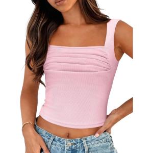 imageZeagoo Womens Sleeveless Crop Tops Pleated Square Neck Ribbed Y2K Tank Top Summer Fitted Going Out TopsPink