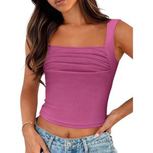 imageZeagoo Womens Sleeveless Crop Tops Pleated Square Neck Ribbed Y2K Tank Top Summer Fitted Going Out TopsRose Red