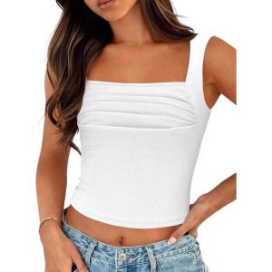 imageZeagoo Womens Sleeveless Crop Tops Pleated Square Neck Ribbed Y2K Tank Top Summer Fitted Going Out TopsWhite