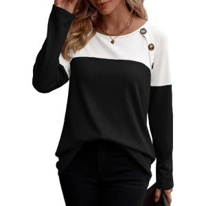 imageZeagoo Women Waffle Knit Shirts Long Sleeve Colorblock Tee Button Detail TunicsBlack