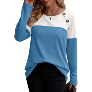 imageZeagoo Women Waffle Knit Shirts Long Sleeve Colorblock Tee Button Detail TunicsBlue