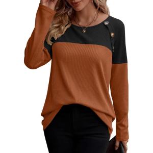 imageZeagoo Women Waffle Knit Shirts Long Sleeve Colorblock Tee Button Detail TunicsCaramel