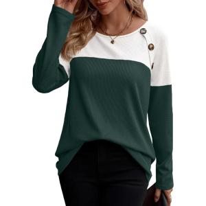 imageZeagoo Women Waffle Knit Shirts Long Sleeve Colorblock Tee Button Detail TunicsDeep Green
